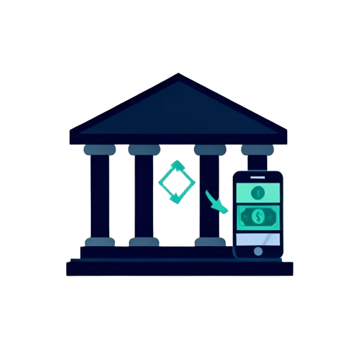 Bank building exchanging money with a mobile phone