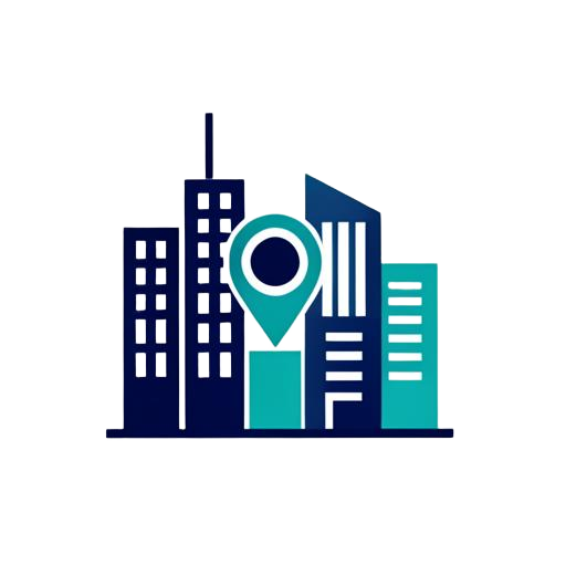 City office buildings with a location pin